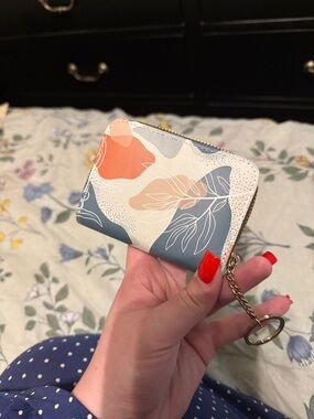Floral Print Zip Wallet Card Holder Keychain - Beige, Blue & Coral